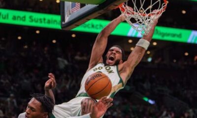 Jayson Tatum Receives Technical Foul For Hanging On Rim After Slam Dunk