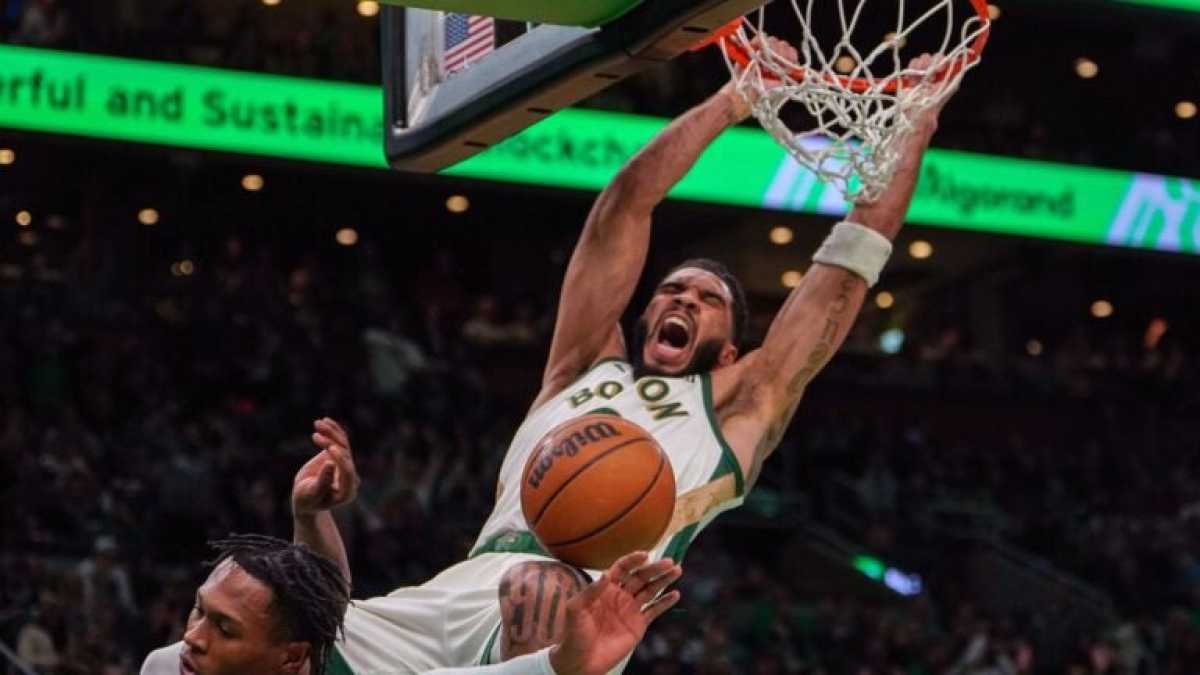 Jayson Tatum Receives Technical Foul For Hanging On Rim After Slam Dunk