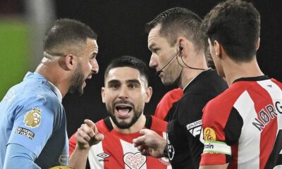 Kyle Walker And Neal Maupay Clash In Heated Exchange During Manchester City's Victory