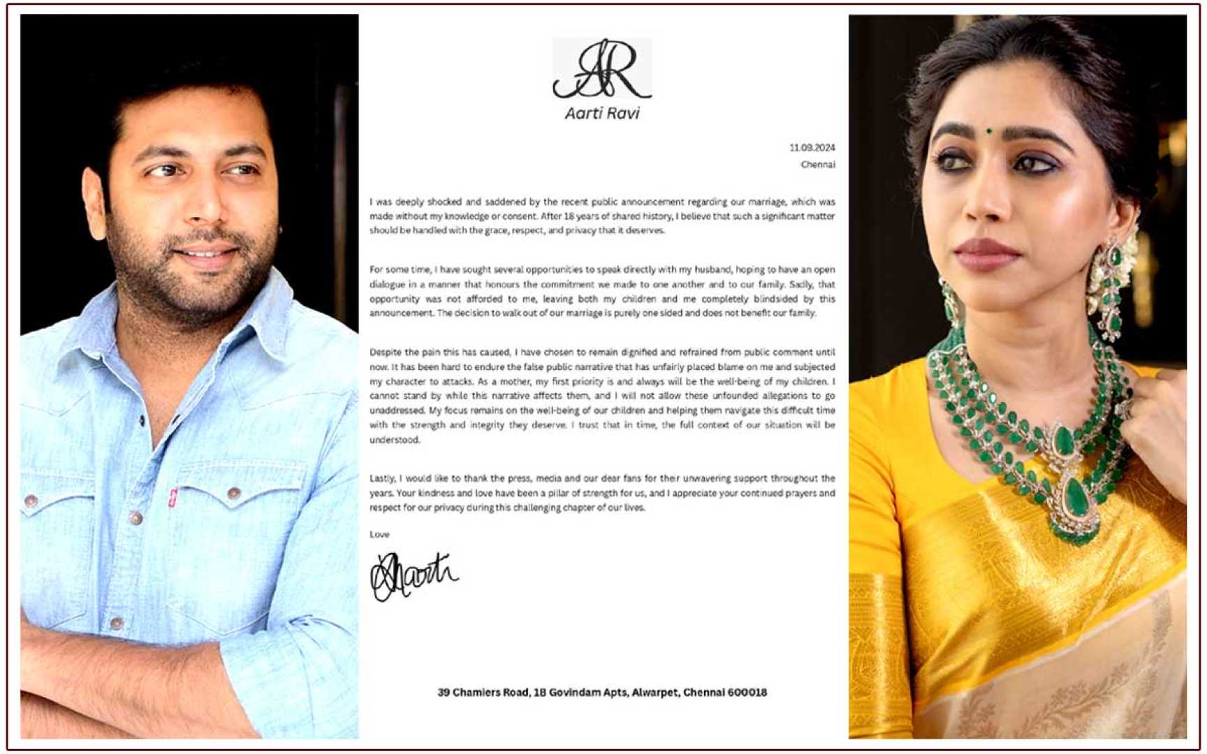 Jayam Ravi Aarti Divorce