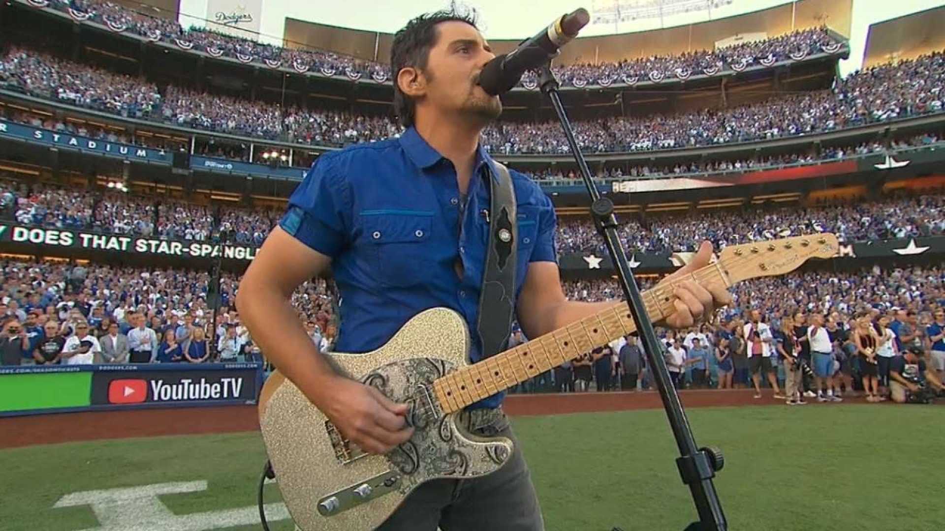 Brad Paisley Performing National Anthem At Dodger Stadium