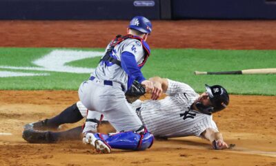 Giancarlo Stanton Tagged Out At Home Plate World Series Game 3