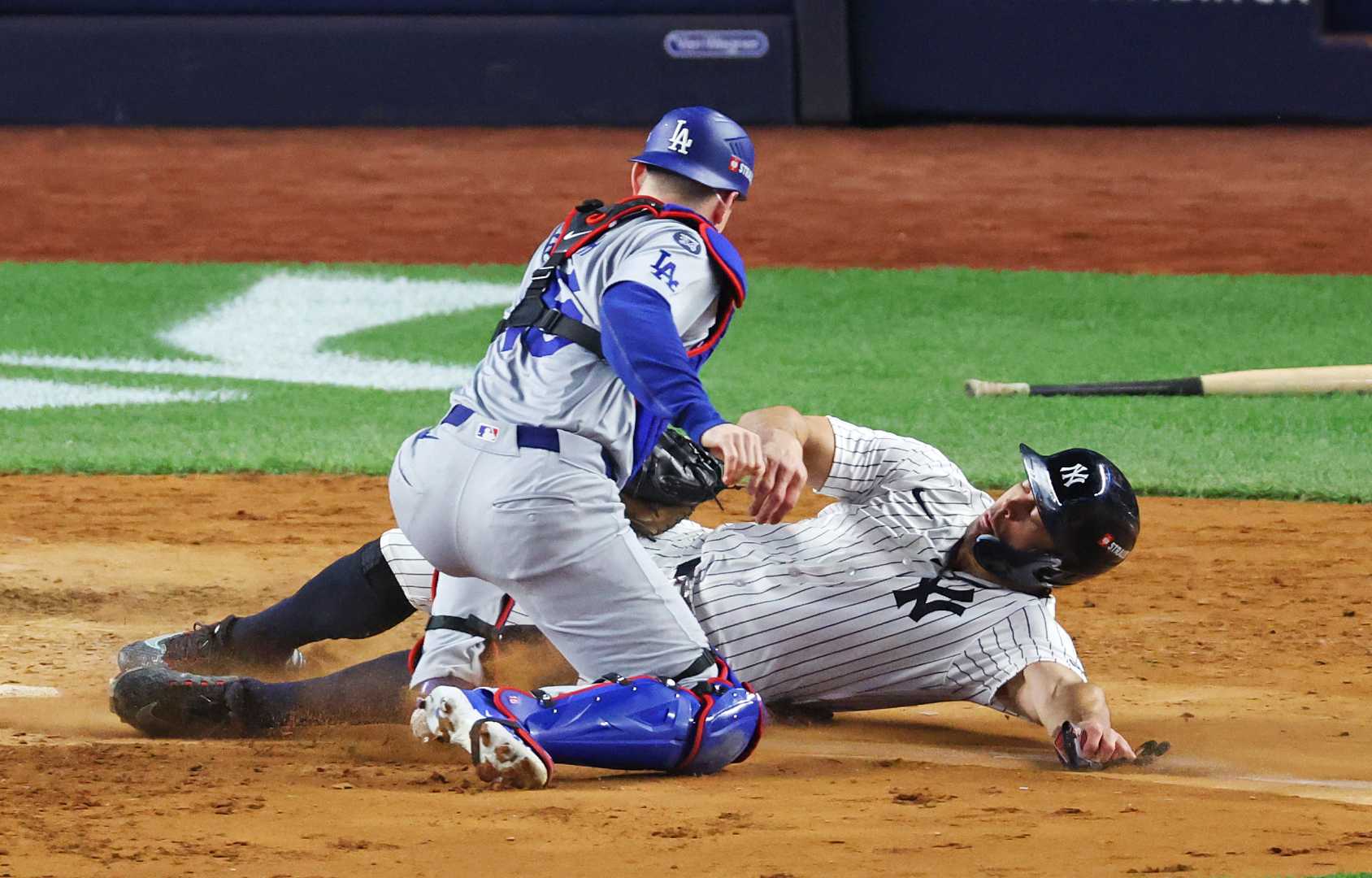 Giancarlo Stanton Tagged Out At Home Plate World Series Game 3