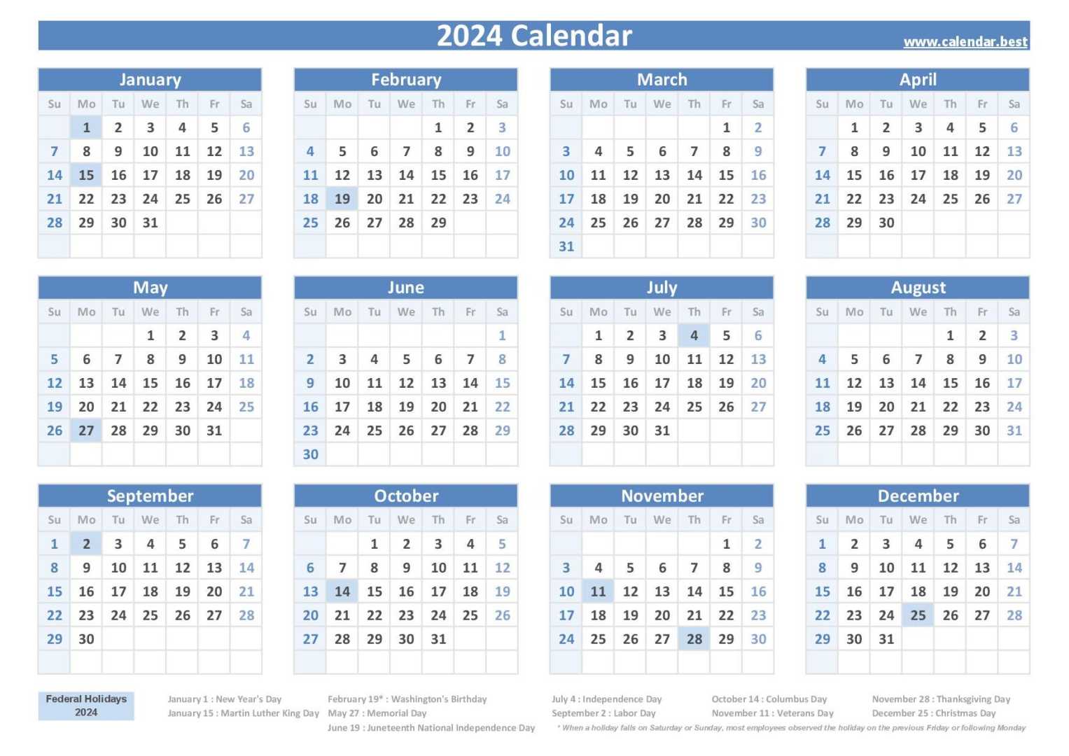 2024 Federal Holidays Usa Calendar