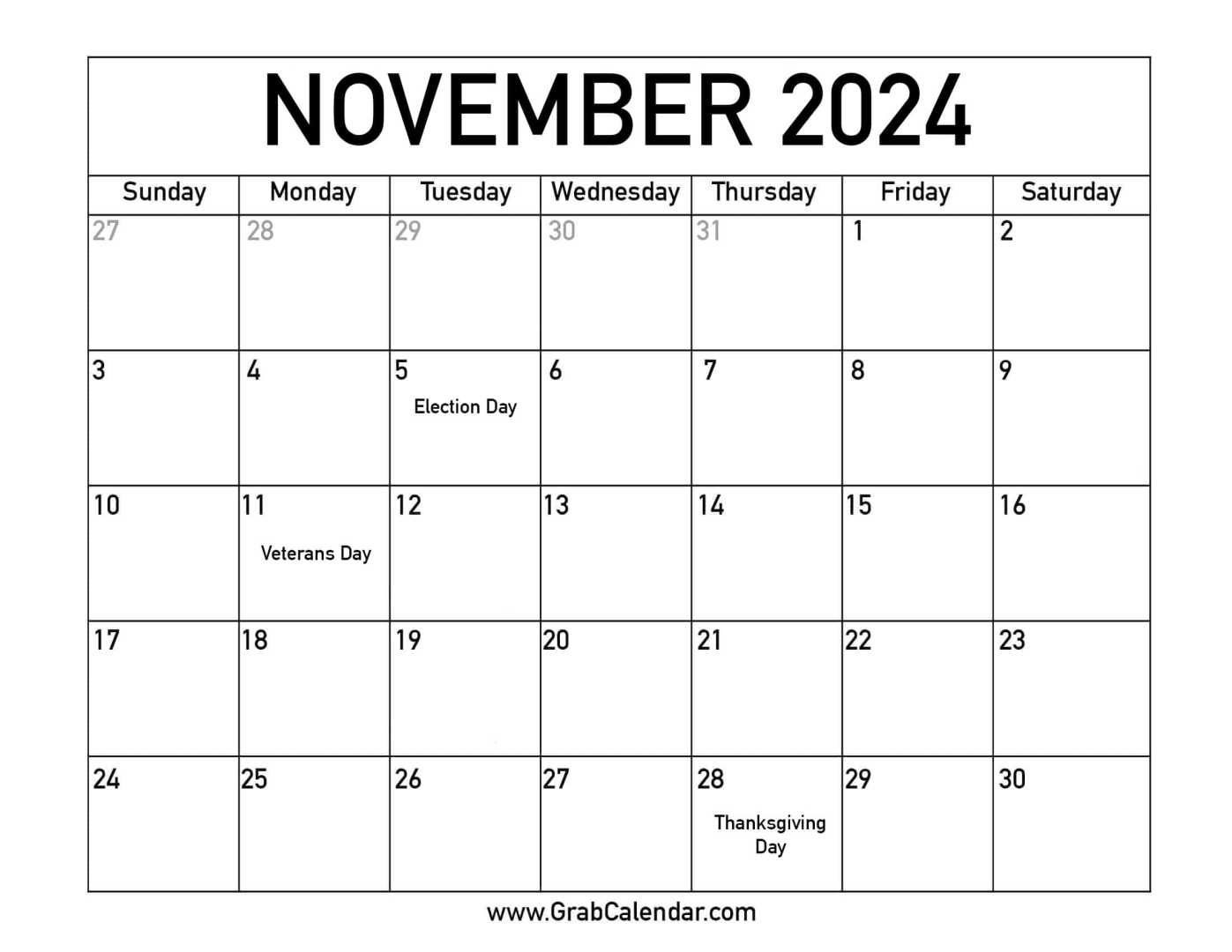 November 2024 Calendar With Holidays And Events