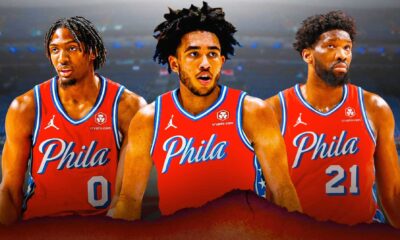 Philadelphia 76ers Players Tyrese Maxey, Joel Embiid, And Jared Mccain