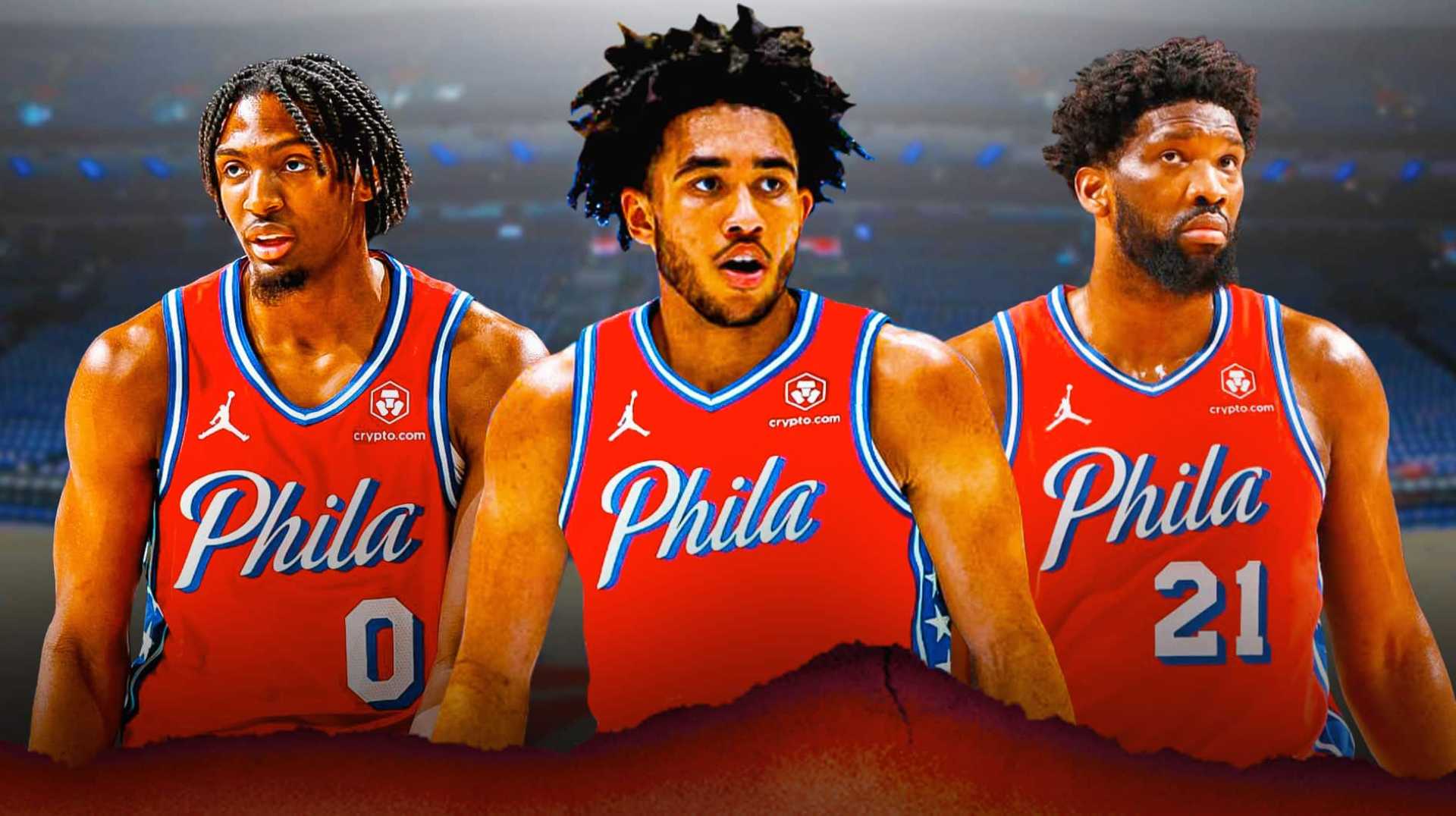 Philadelphia 76ers Players Tyrese Maxey, Joel Embiid, And Jared Mccain