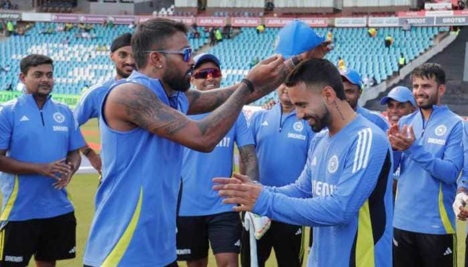 Ramandeep Singh Receiving T20i Debut Cap From Hardik Pandya