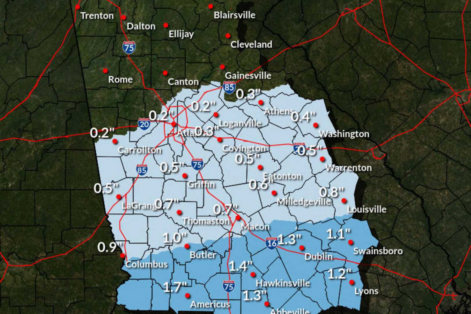 Georgia Winter Storm Snow Accumulation Map