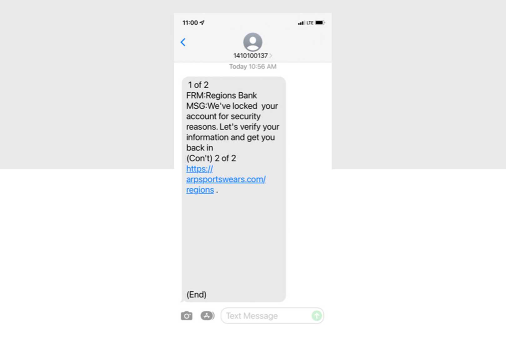 Smishing Scam Text Message Example