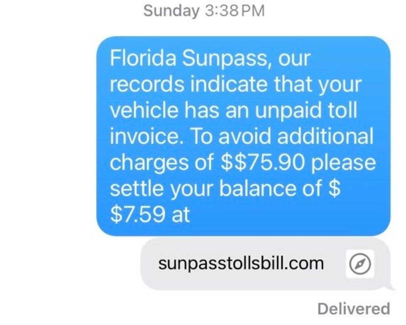 Sunpass Toll Scam Text Message Florida