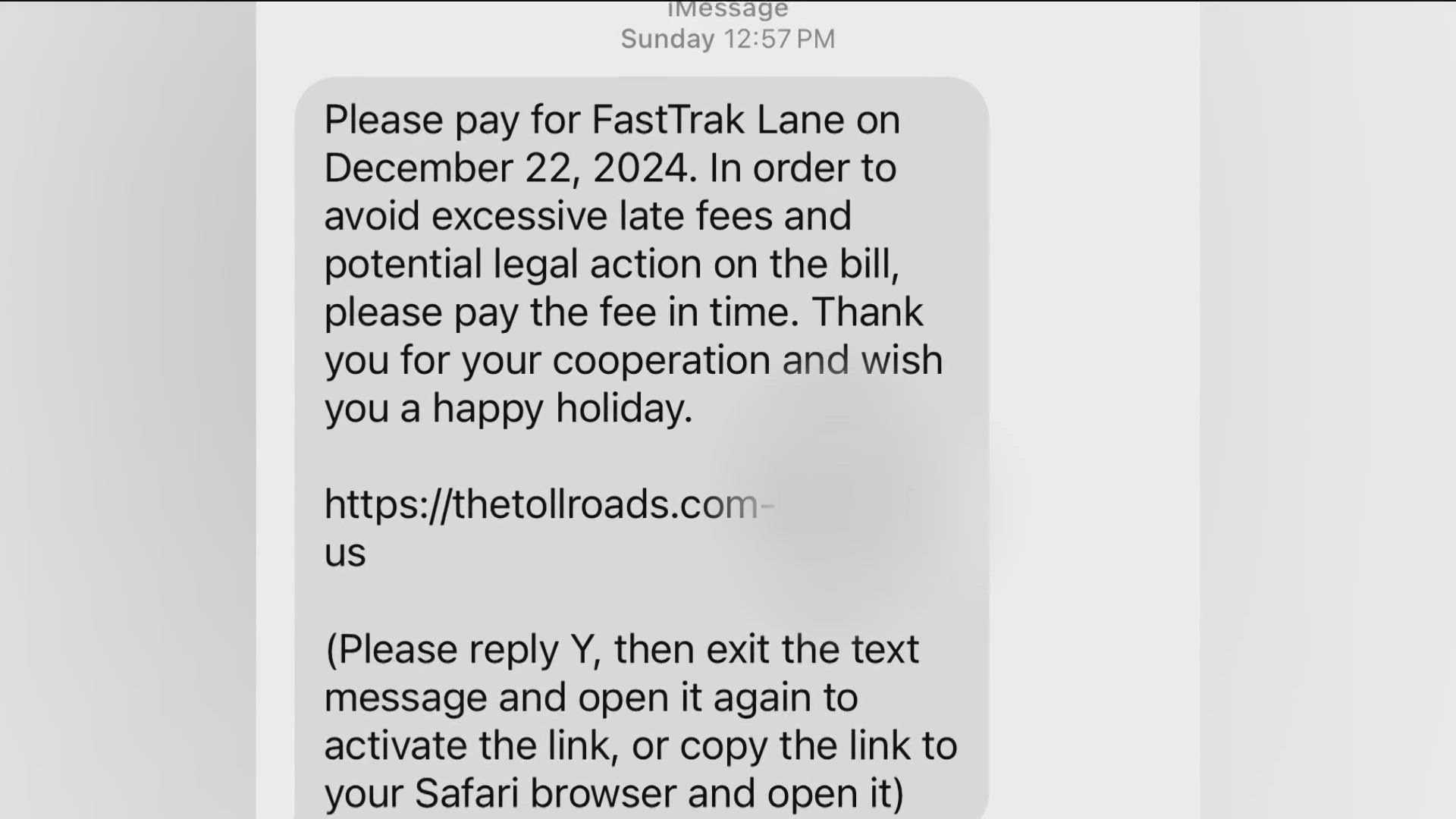 Fastrak Toll Scam Text Message Example