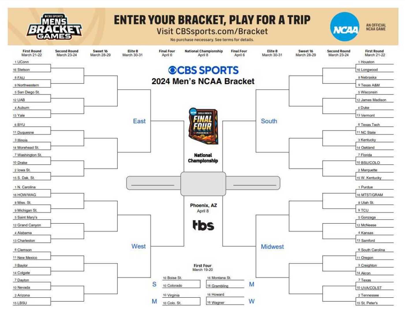 March Madness Basketball Tournament Bracket 2024