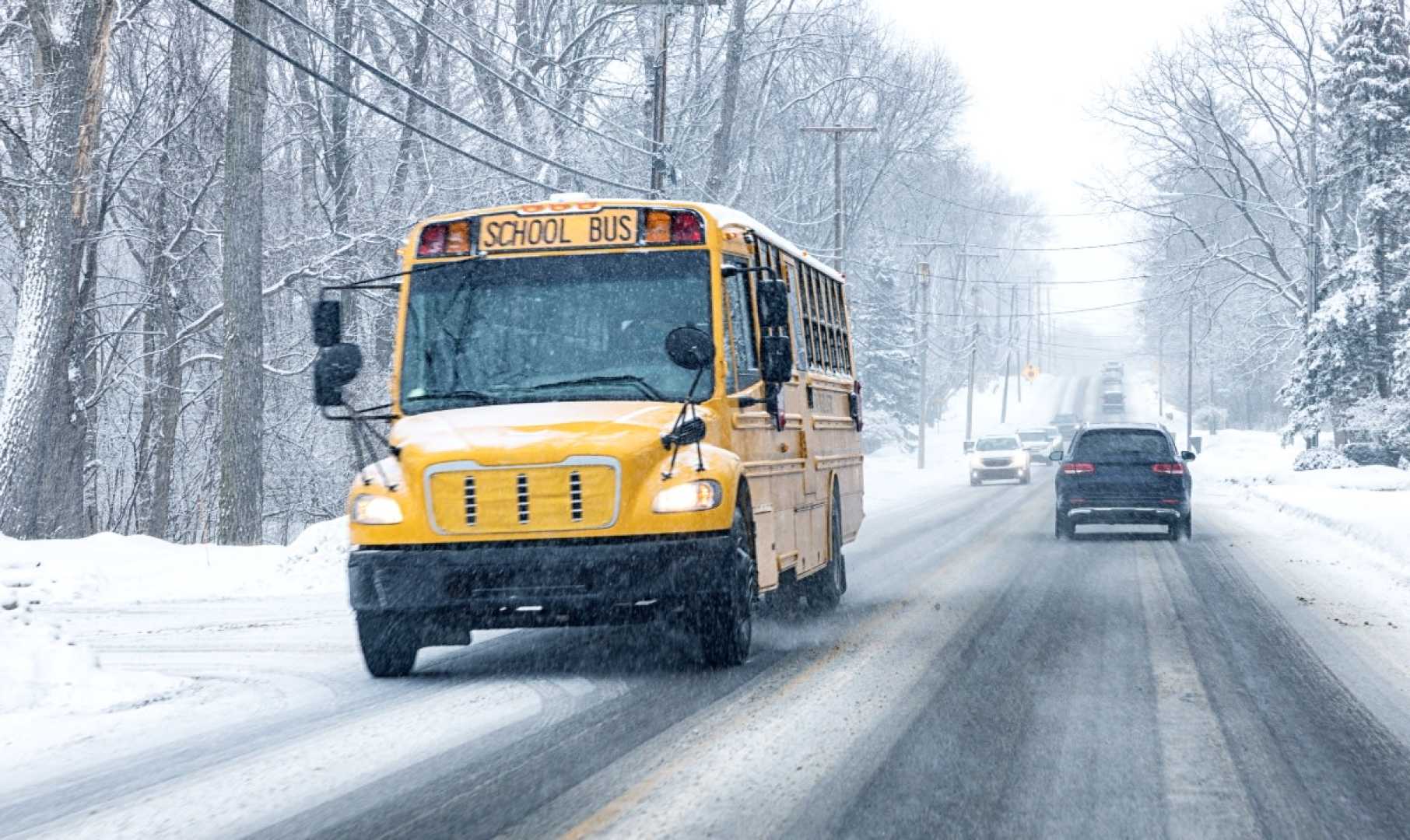 School Buses Driving In Snowy Roads