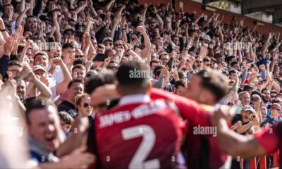 Soccer Players Celebrating Goal, Stadium Crowd