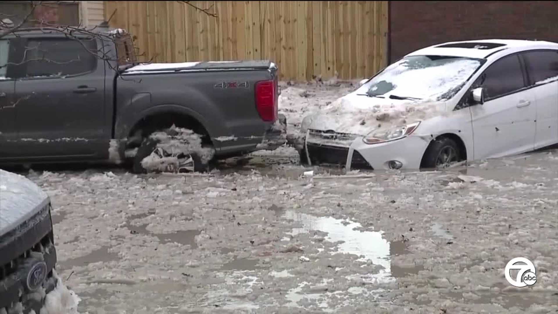 Southwest Detroit Water Main Break Vehicles Frozen