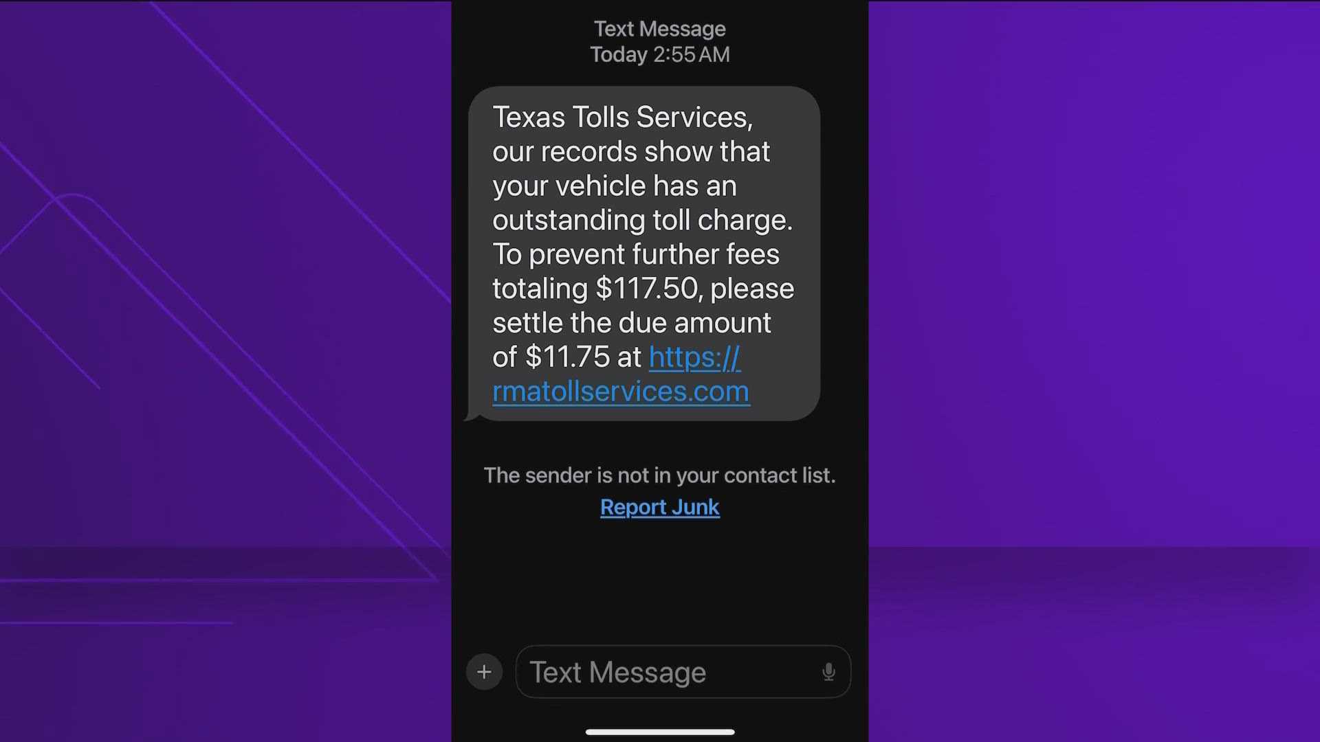 Texas Toll Road Scam Text Message Alert