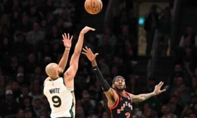 Celtics Basketball Player Derrick White Shooting Three Pointer