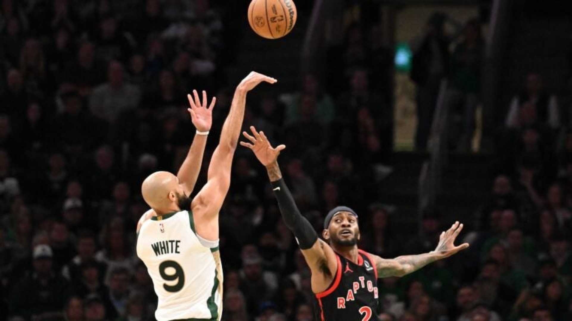 Celtics Basketball Player Derrick White Shooting Three Pointer