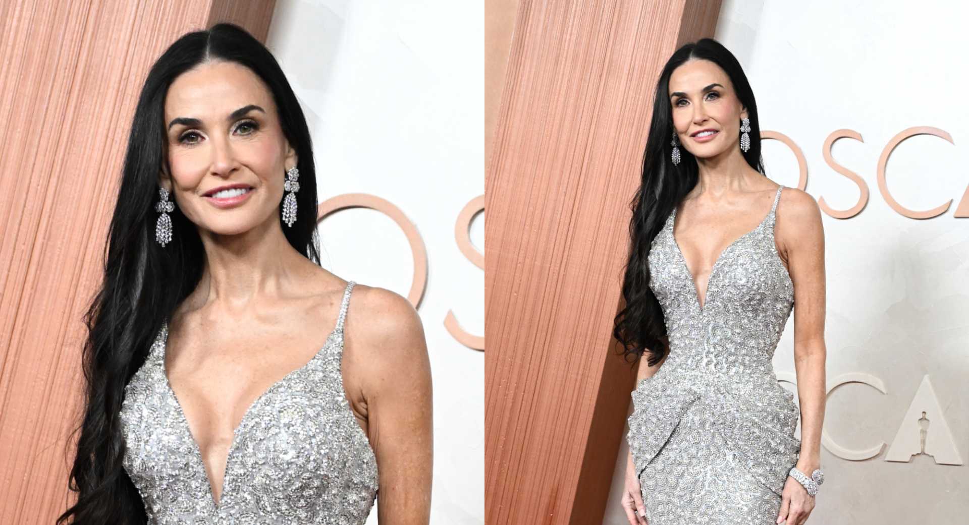 Demi Moore 2025 Oscars Red Carpet Silver Gown