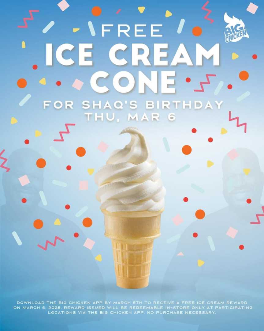 Free Ice Cream Cone Celebration Shaquille O'neal Birthday