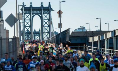 New York City Half Marathon Runners Crossing Brooklyn Bridge