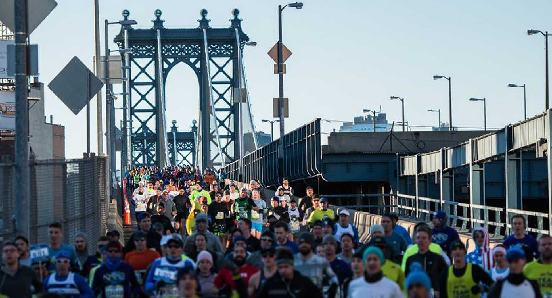 New York City Half Marathon Runners Crossing Brooklyn Bridge