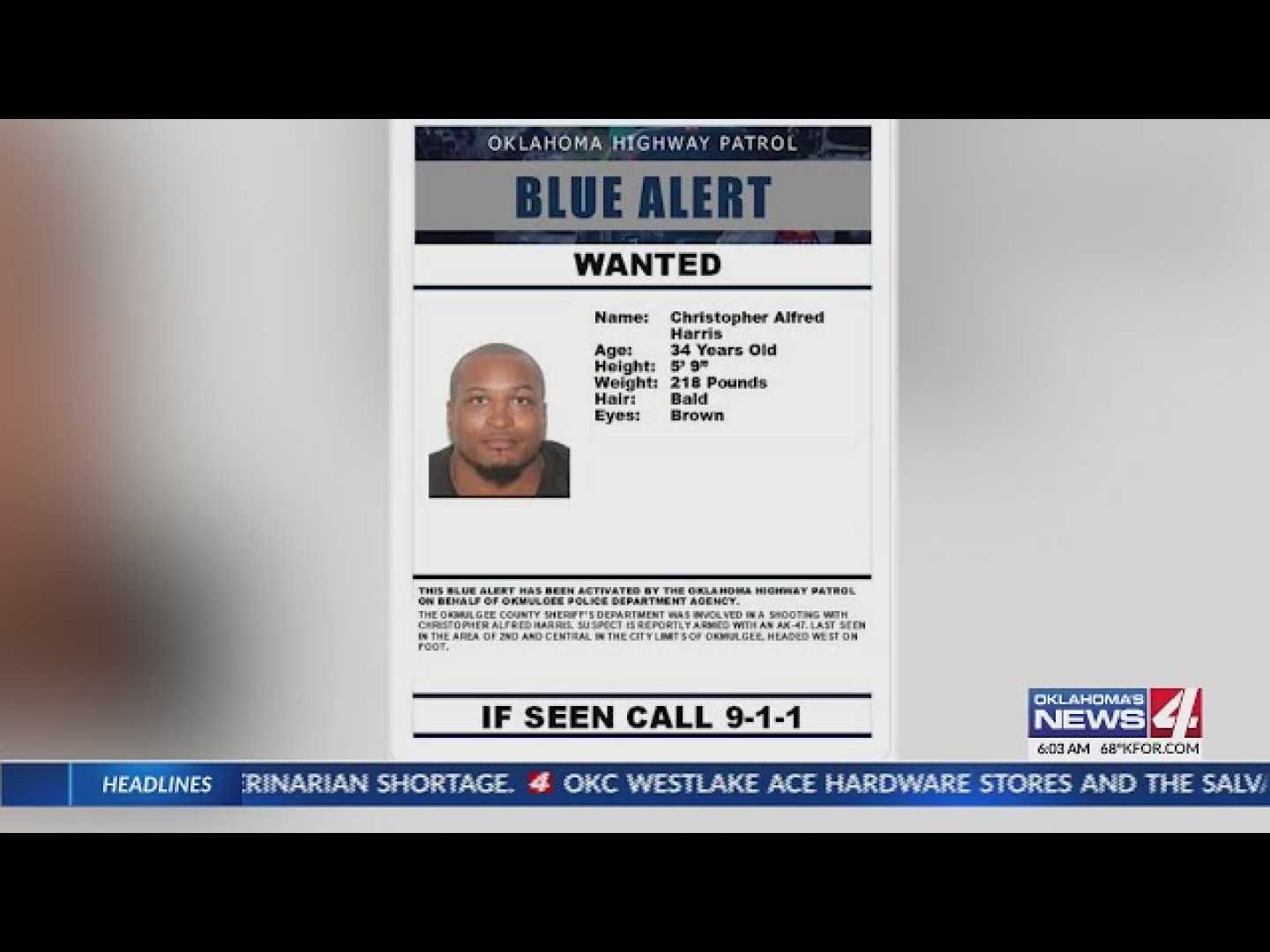 Oklahoma Highway Patrol Blue Alert Suspect Shooting