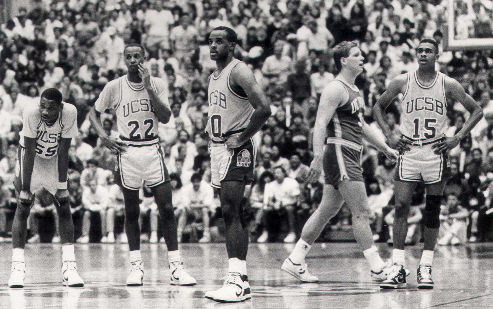 Ucsb Basketball Players Celebrating During A Game