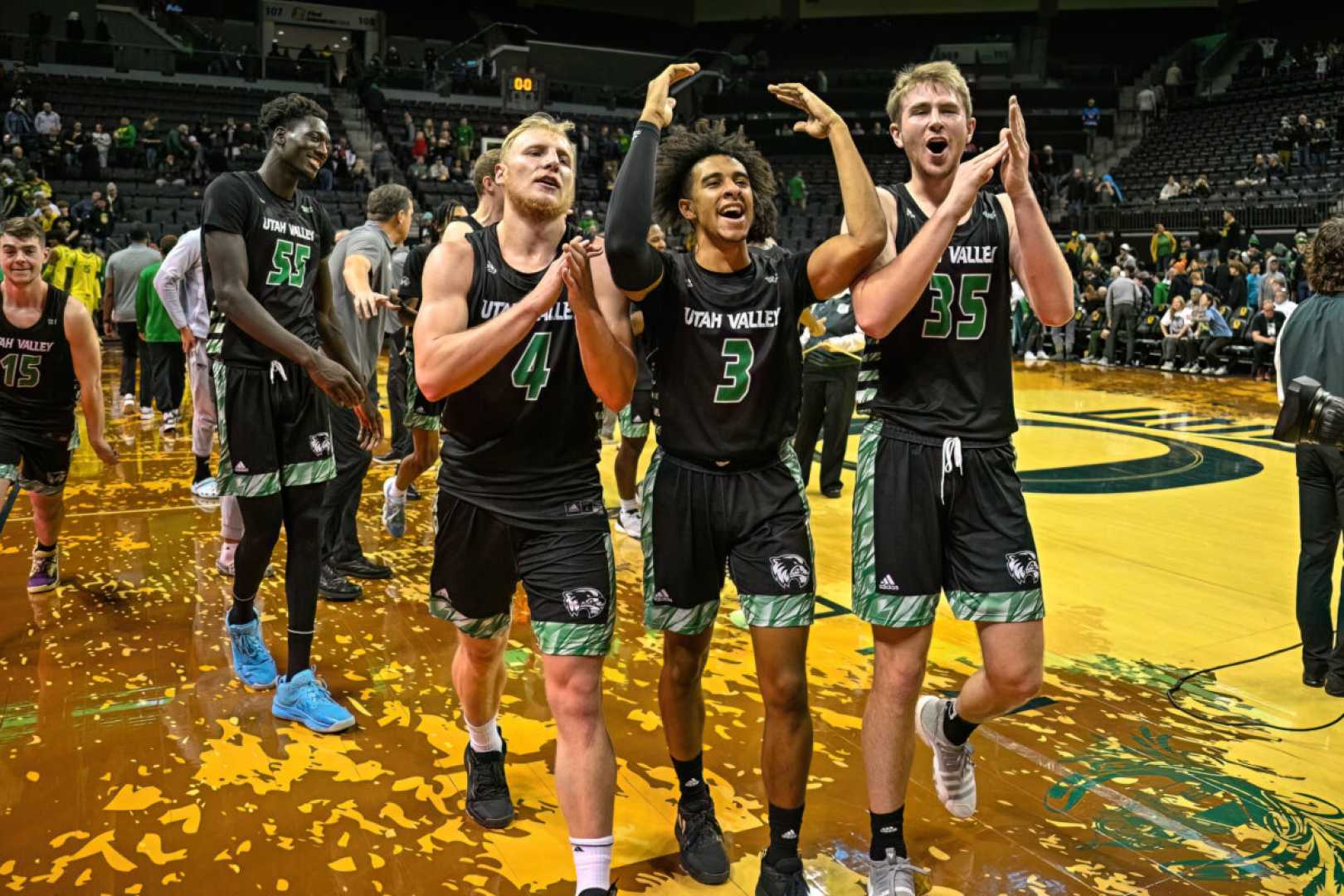 Utah Valley Basketball Team Celebrating Victory