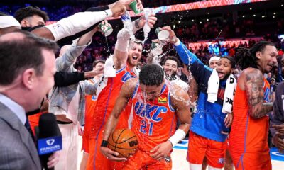 Okc Thunder Basketball Team Celebrating Victory