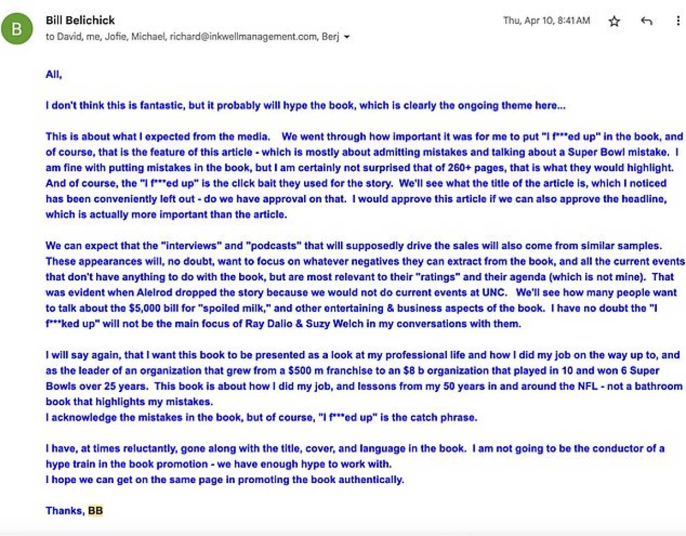 Bill Belichick Tom Brady Relationship Email