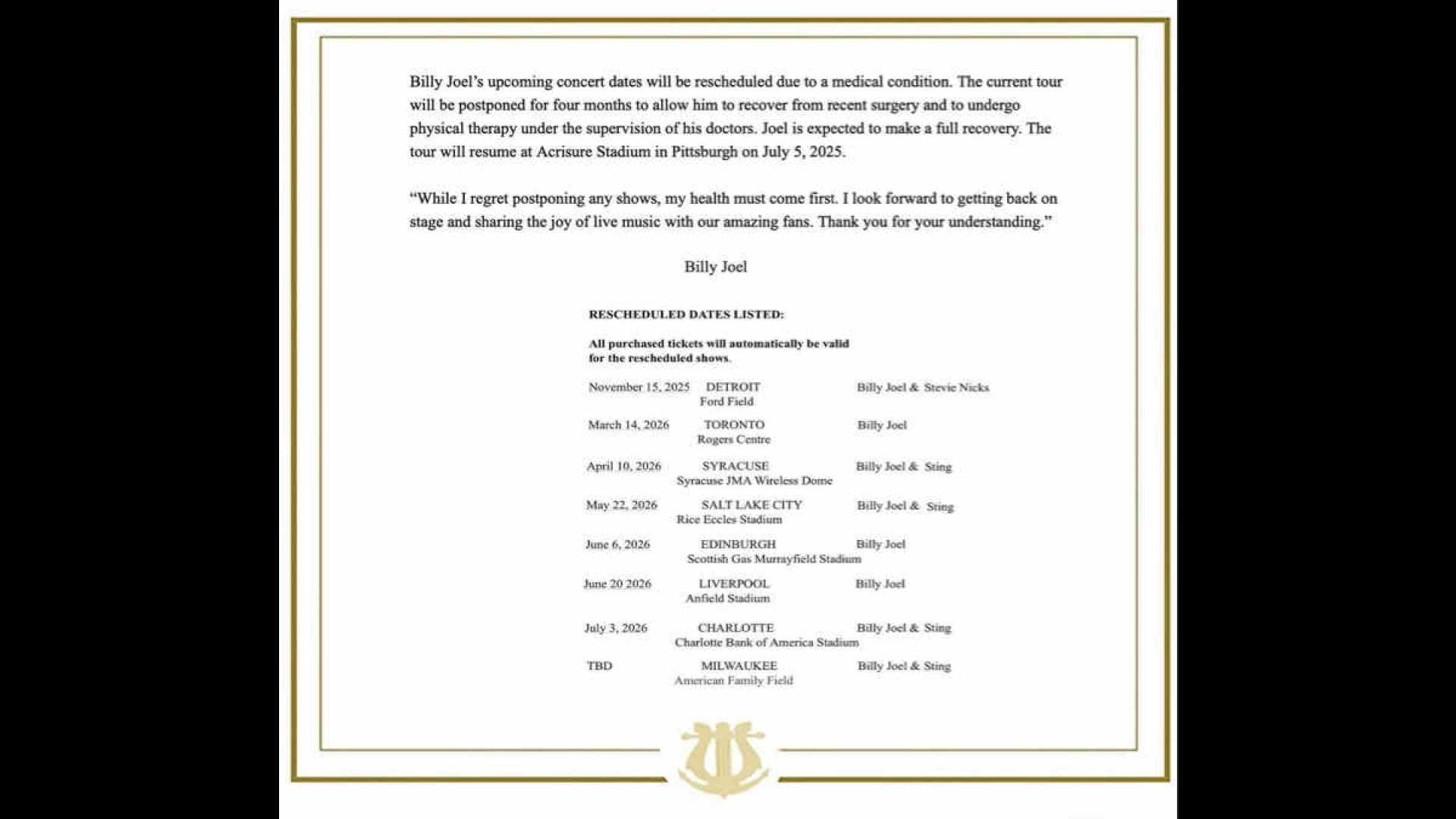 Billy Joel Concert Health Announcement