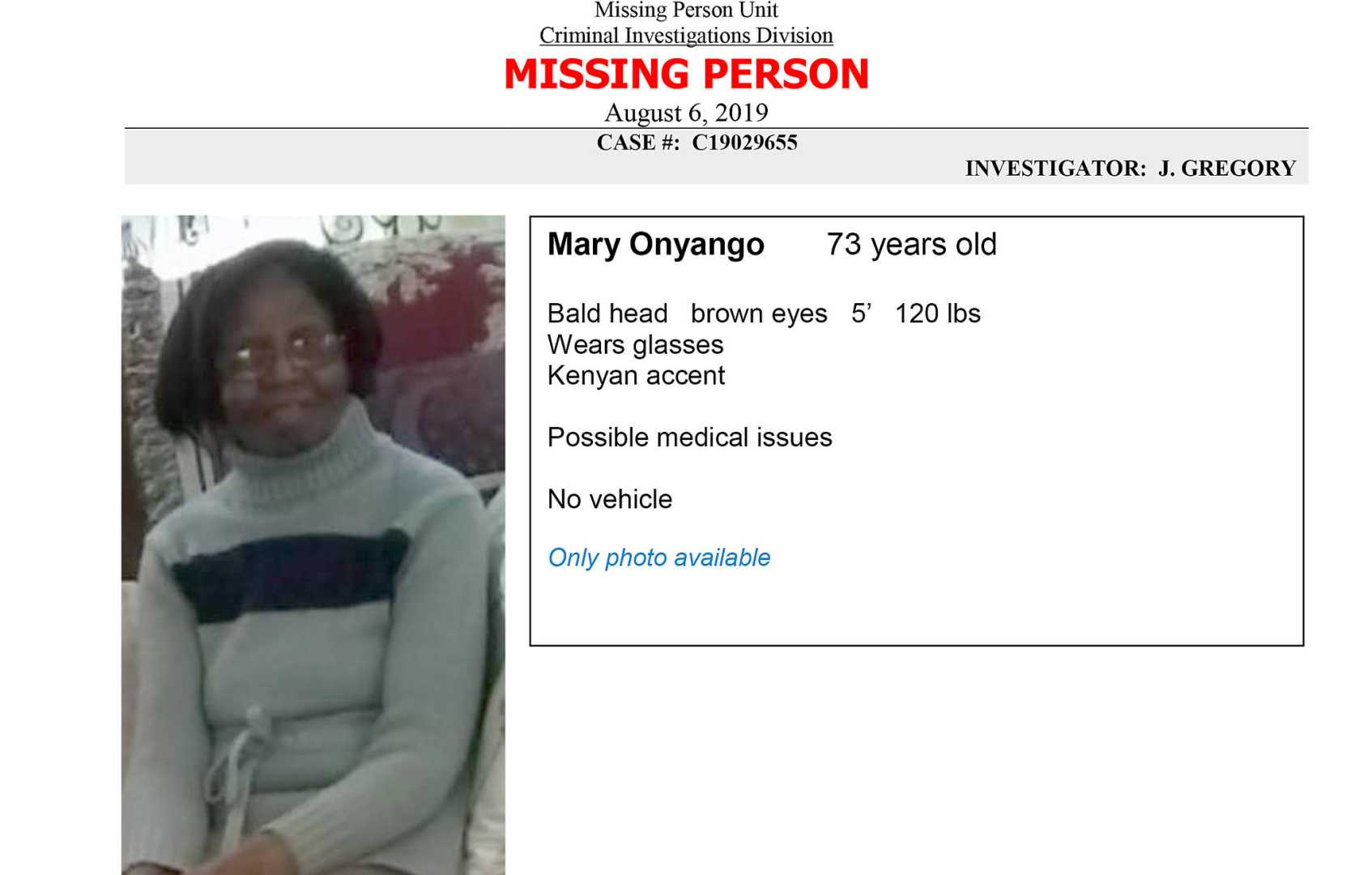 Elderly Woman Missing Person Case