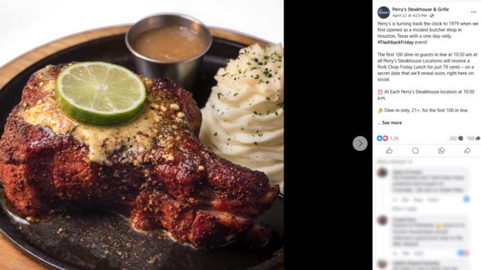 Perry's Steakhouse Pork Chop Lunch Deal