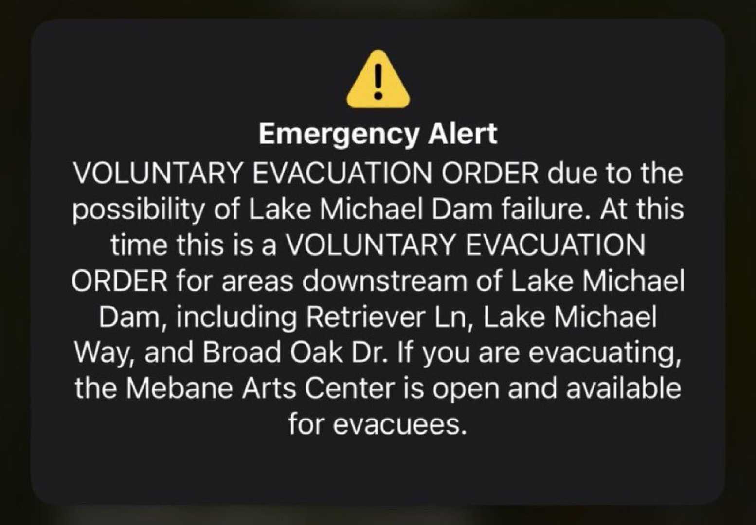 Lake Michael Dam Evacuation Alert