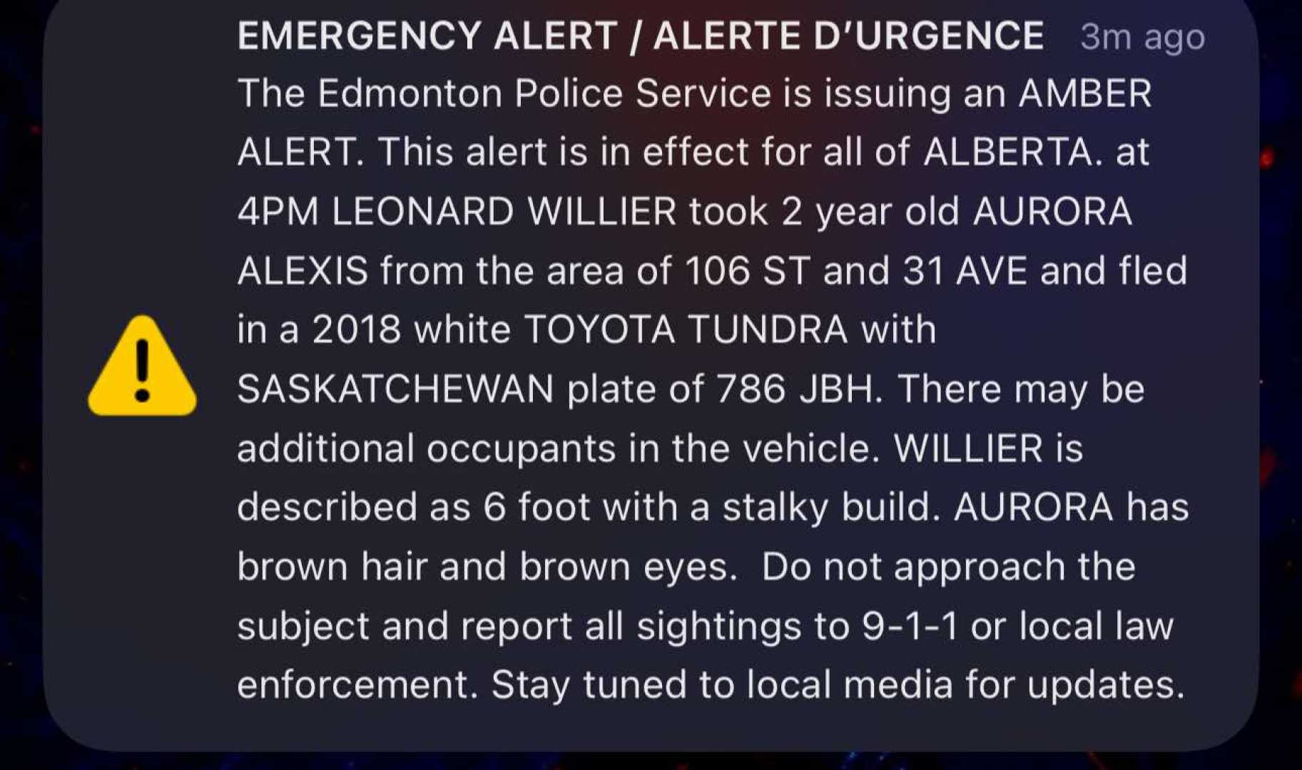 Edmonton Amber Alert Two Year Old Girl