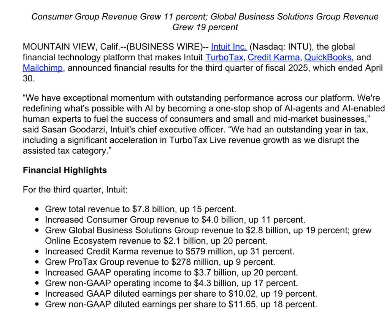 Intuit Inc Financial Results Announcement