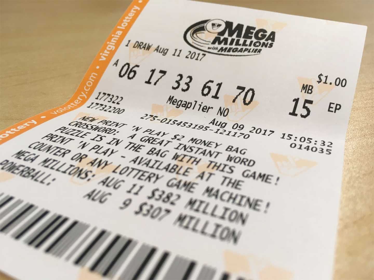 Virginia Lottery Mega Millions Ticket