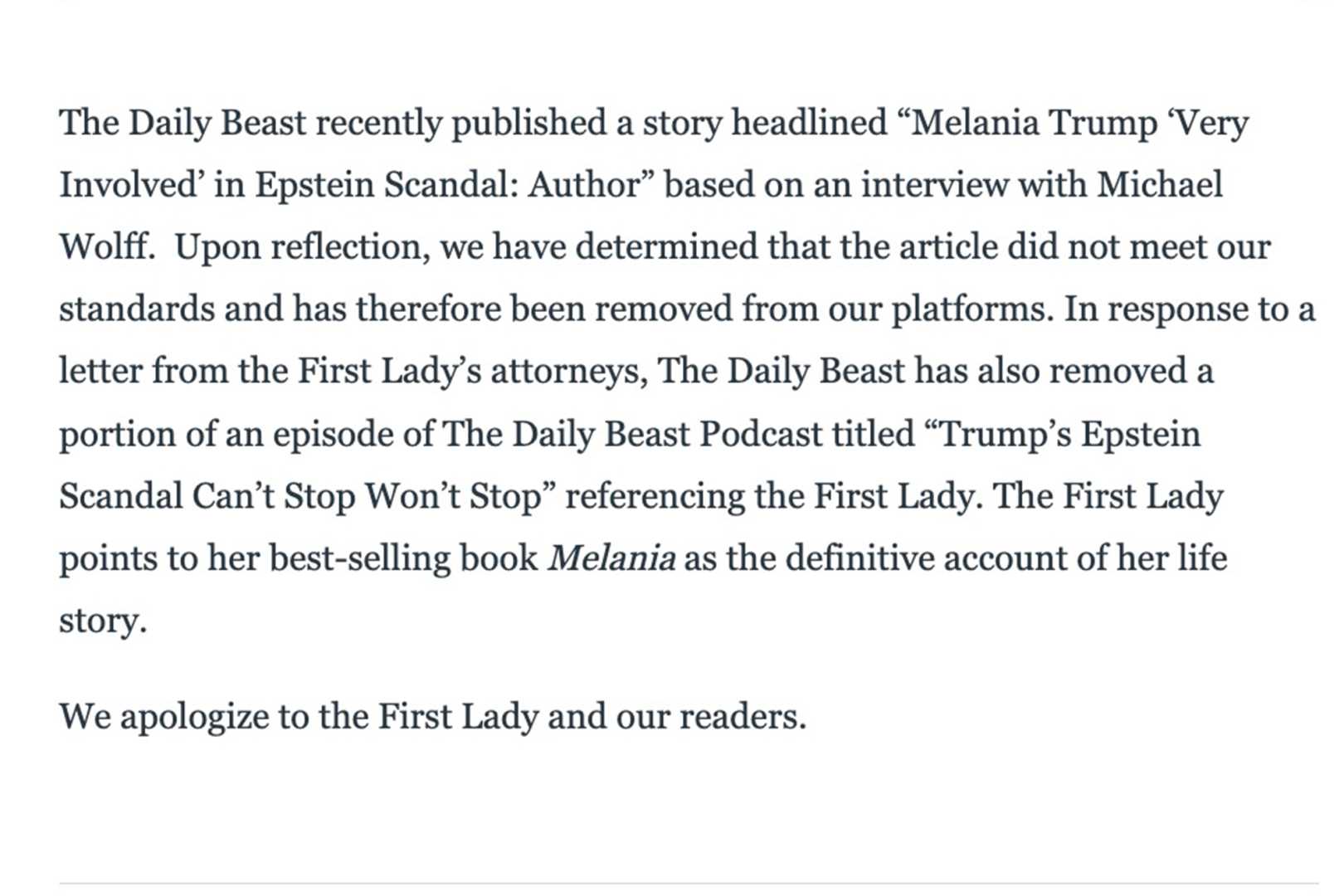 Melania Trump Daily Beast Apology