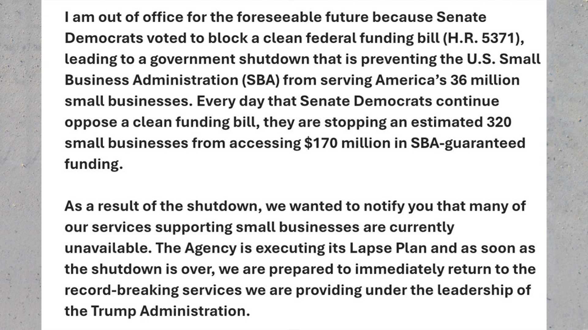 Sba Furloughs Government Shutdown Democrats