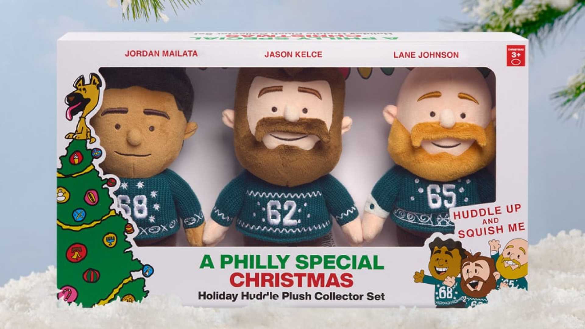 Jason Kelce Jordan Mailata Lane Johnson Holiday Plushies